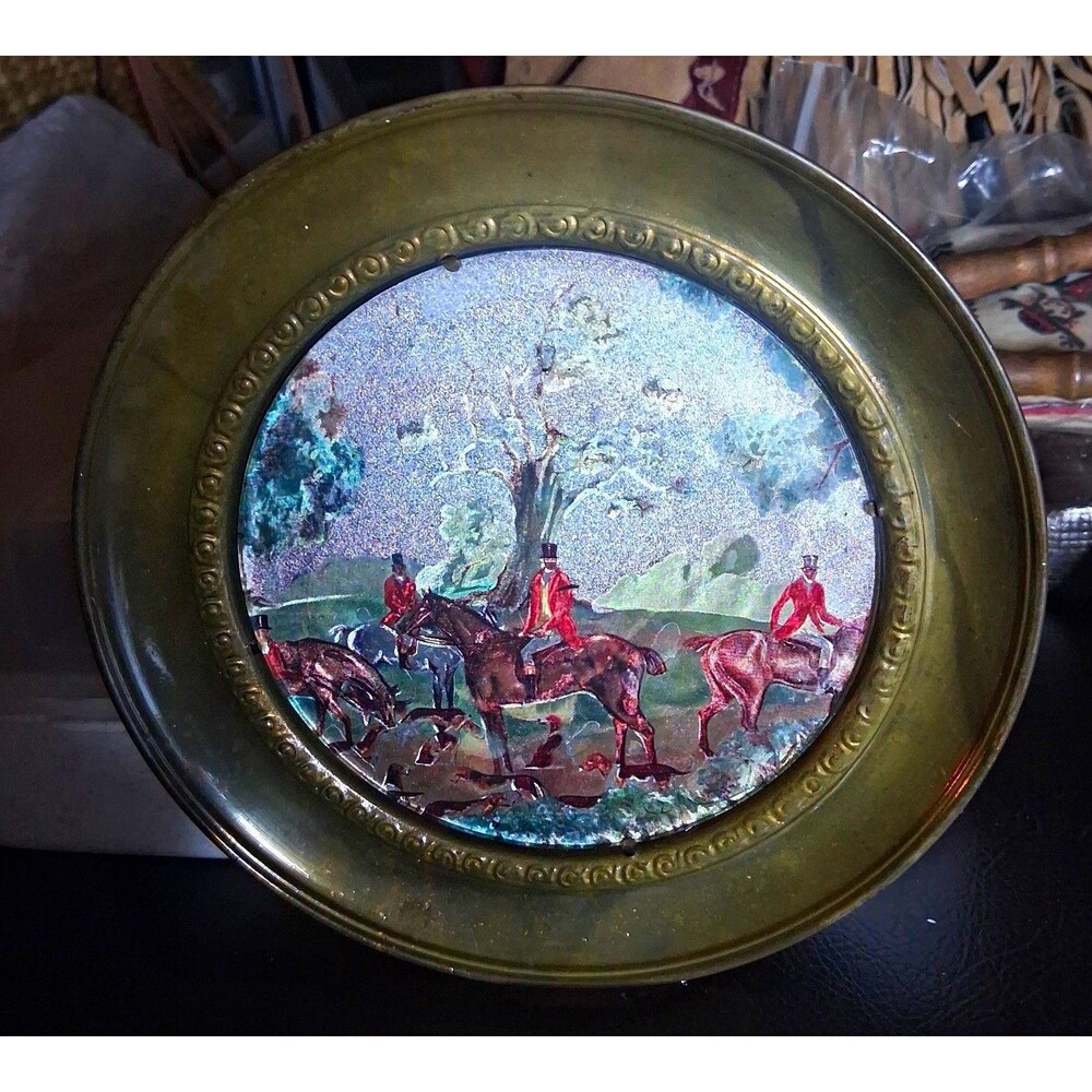 Vintage Made in England Brass Fox Hunt Wall Plaque Plate Foil Art 7.5"